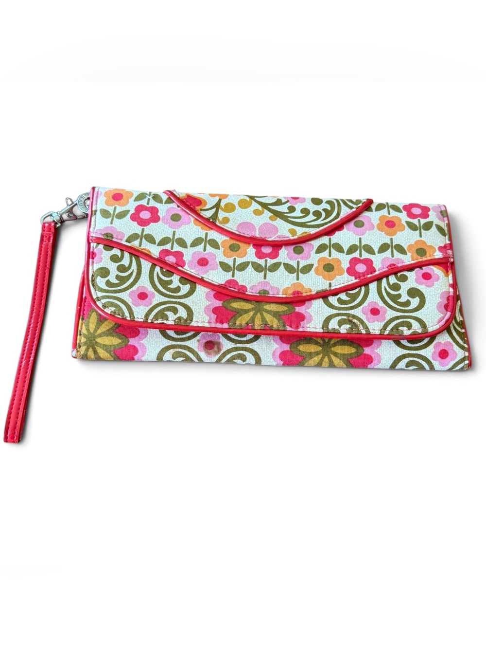 Vera Bradley Retired Folkloric Trifold Snap Clutch Wristlet Floral Pink Red